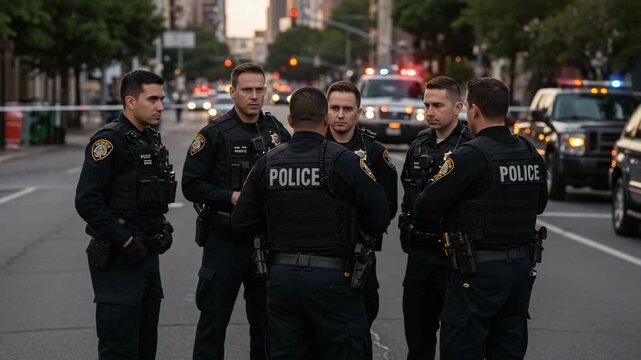 Police officers in tactical gear gathered on city street during emergency response with patrol cars and flashing lights in background for law enforcement coordination