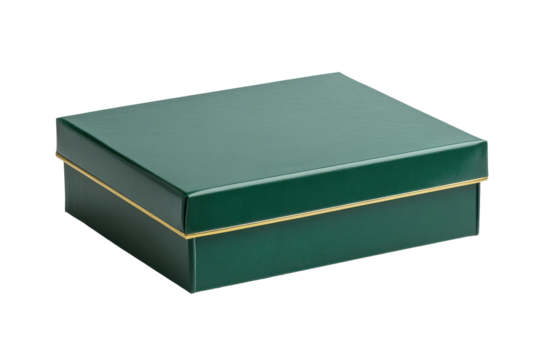 Elegant dark green gift box with gold trim isolated on transparent background. Green gift box isolated on white background.