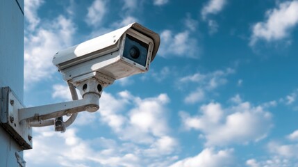 Security camera on building with partly cloudy sky