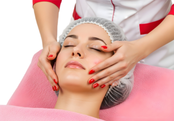 Woman receiving a facial massage at a beauty salon on transparent background
