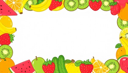 A square frame made up of various fruits background illustration motion movement elements gesture creative cartoonish style depth layers emotion figure scene composition colorful expression