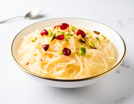 A close-up view of a bowl of creamy vermicelli pudding, garnished with vibrant pomegranate seeds and chopped pistachios, with a spoon in the background.