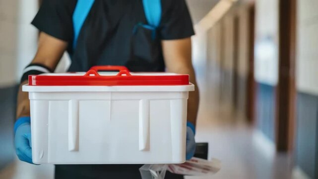 Person wearing gloves carries a red and white medical container down a hallway, symbolizing organ transport and donation.