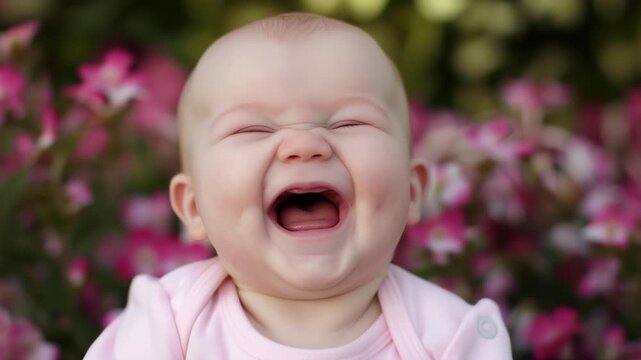 Joyful baby face with dimples laughing happily in front of pink flowers
