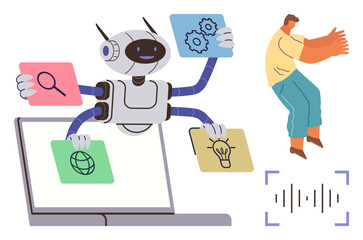 Robot managing tasks on colorful cards with icons for ideas, search, and global data. Human gesture interaction and sound wave symbol. Ideal for AI, automation, technology, innovation, data