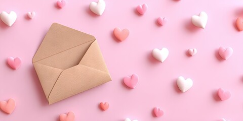 Open brown envelope amidst scattered pastel hearts on a pink surface