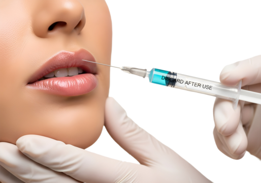 Lip injection procedure with syringe close up view on transparent background