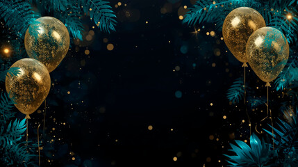 Gold and black balloons on black background with tropical leaves for graduation, birthday, New Year, sales, horizontal banner, copy space, free space for text