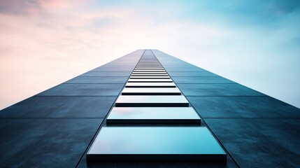 Architectural marvel: A modern building facade stretching toward the sky at dusk