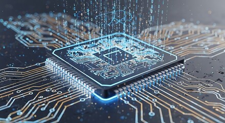 Illuminated Microchip with Binary Code Overlay and Complex Circuitry Design