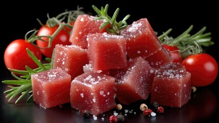Fresh beef cubes arranged with rosemary, salt, and pepper, complemented by ripe tomatoes in the background, creating a rich visual appeal