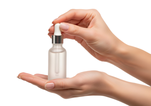 Woman holding a skincare serum bottle in her hands on transparent background - Powered by Adobe