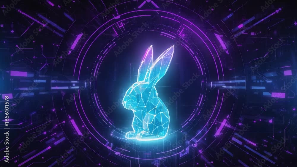 Wall mural vibrant, low-poly rabbit glows against a backdrop of intricate technological patterns and circular h