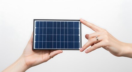 Hands Holding a Compact Solar Panel on a Clean White Background