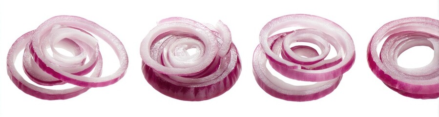 Thinly sliced red onion rings in spiral formations