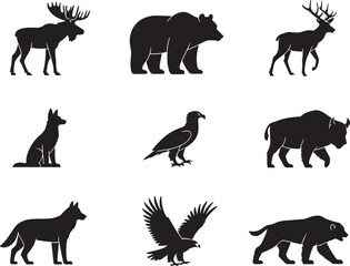 North American Wildlife Silhouettes – Bear, Wolf, Eagle, Moose and Elk Vector Icons