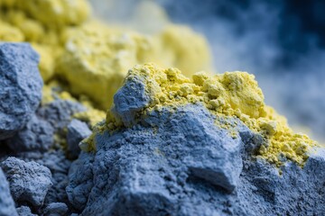 Closeup of yellow sulfur on gray volcanic rock, geological mineral texture detail