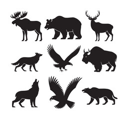 North American Wildlife Silhouettes – Bear, Wolf, Eagle, Moose and Elk Vector Icons