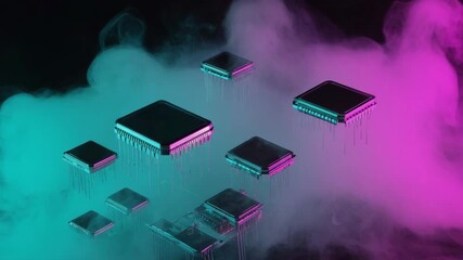 Metallic microchips with dangling connectors hover in a vibrant cloud of neon-lit smoke, creating a futuristic and otherworldly technological scene - Powered by Adobe