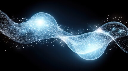 Abstract wave form composed of glowing dots and lines on a black background