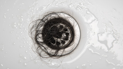 Loose hair tangled on bathroom drain, Clogged hair in the drain hole on a metal mesh. Clogged pipes, Personal hygiene or hair loss issues concept
