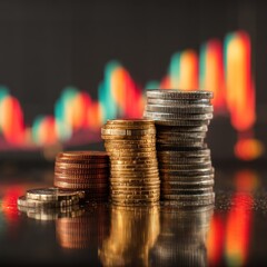Stacked coins and financial chart background