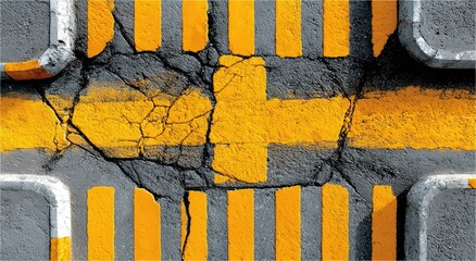 Cracked concrete pavement with yellow crosswalk stripes