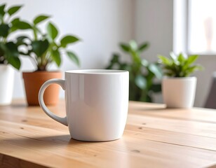 A white ceramic mug sits on a wooden table with several potted plants in a bright, indoor setting.
