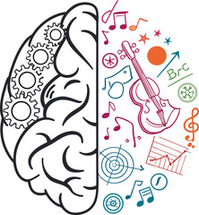 Vector hand-drawn illustration of a pencil and an electric guitar drawing a musical floral doodle pattern with gears and clocks