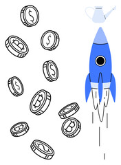 Rocket propelled upwards with a watering can on top as coins with dollar and bitcoin designs fall, symbolizing investment, growth, and cryptocurrency innovation. Ideal for technology, startup