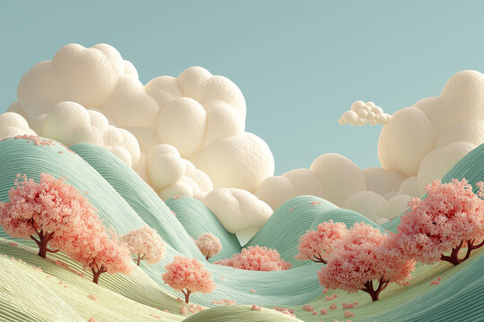 Soft pastel landscape with rolling hills and blooming pink blossom trees under large fluffy clouds in calm sky