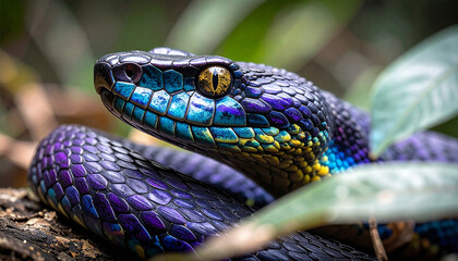 Obraz premium Mesmerizing Iridescent Viper Head with Piercing Yellow Eyes Amidst Lush Foliage.