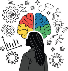 Elegant cartoon silhouette of a woman with a thinking brain and beautiful flowing hair, a symbol of smart beauty