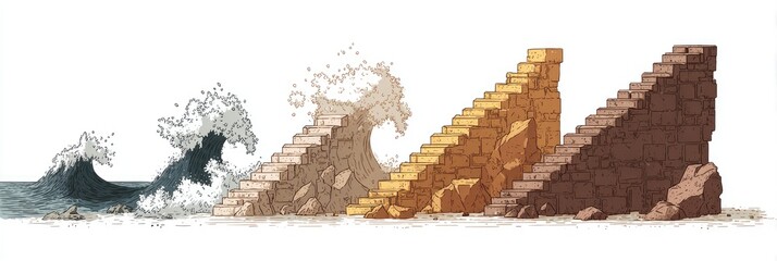 Waves crashing over stages of crumbling structures