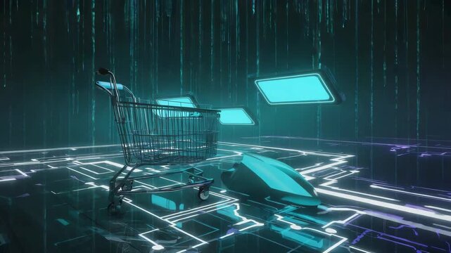 Shopping cart and mouse are placed on a futuristic circuit board, with binary code raining down in the background, representing online shopping and e-commerce
