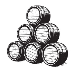 Stacked wooden barrels illustration in black and white suitable for vintage brewery or distillery concepts