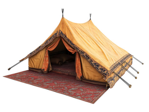 Traditional ornate yellow canvas tent with patterned rug isolated on transparent background