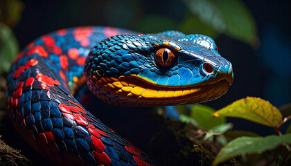 Fototapeta premium Electric Blue and Crimson Viper with Piercing Orange Eyes in Lush Jungle Foliage.