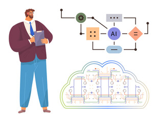 Man holding clipboard analyzing AI flowchart and cloud-based neural network. Ideal for data automation, innovation, programming, AI development, digital strategy, analytics, education. Simple flat