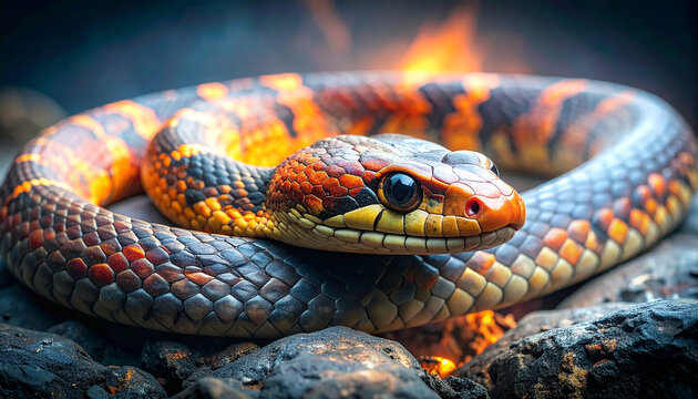 Vibrant Coiled Serpent with Fiery Scales and Piercing Eye Amidst Glowing Embers. - Powered by Adobe