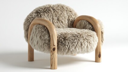 Beige fur armchair with wooden arms