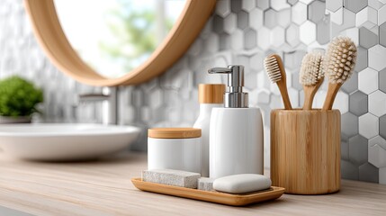 Bamboo wood tray displays white shampoo, cream, and soap on a bathroom counter, complemented by a round wooden mirror and hexagonal tiles
