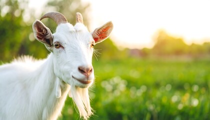Obraz premium A close-up of a white goat, with soft, out-of-focus greenery and sunlight behind it, in a pastoral setting.