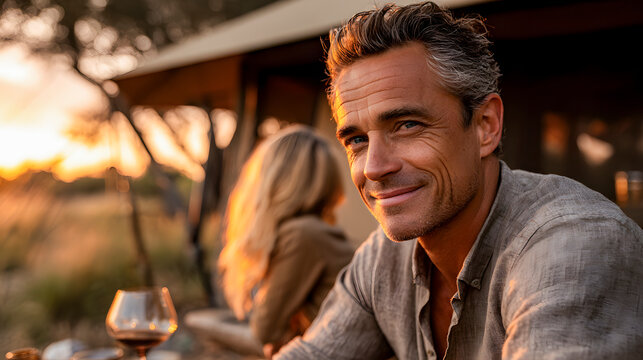 Fototapeta Tourist smiling at sunset near safari tent during glamping vacation