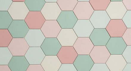 Naklejka premium Pastel Hexagon Tile Arrangement: A Modern Geometric Pattern in Pink, Green, and White