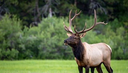 Obraz premium Elk with large antlers in a grassy meadow.