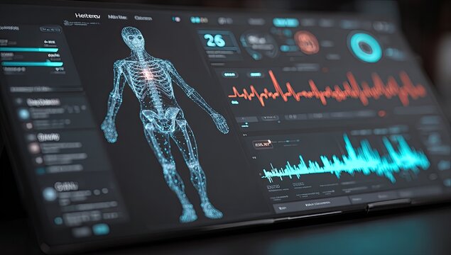 Digital medical dashboard displays a 3D anatomical model of a human body, overlaid with vital signs graphs and data