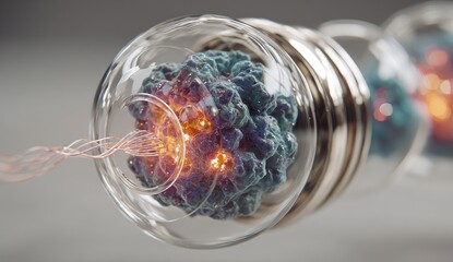 Cellular structures in glass spheres, glowing energy