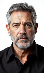 Obraz premium Serious Man Beard Black Shirt Isolated A close-up portrait of a middle-aged man with grey hair and a beard, wearing