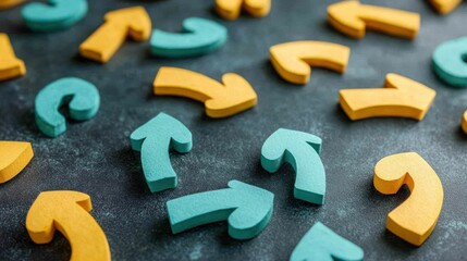 Obraz premium Colorful Arrow Variety: An Abstract Arrangement of Directional Symbols Displayed on a Dark Surface